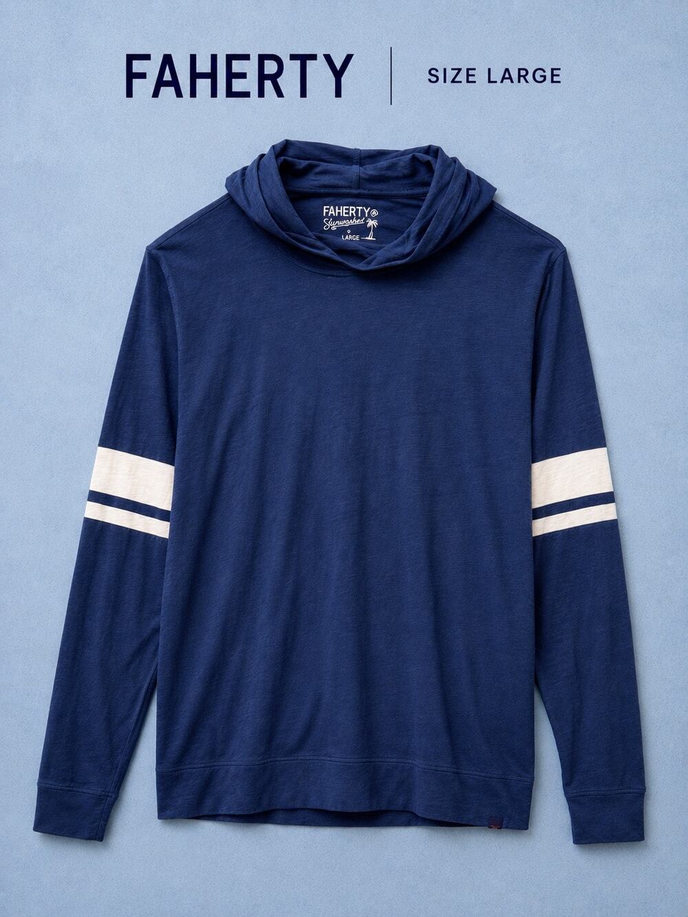 Faherty Sunwashed Hoodie Large Navy Stripe Sleeve NWOT Coastal Pullover